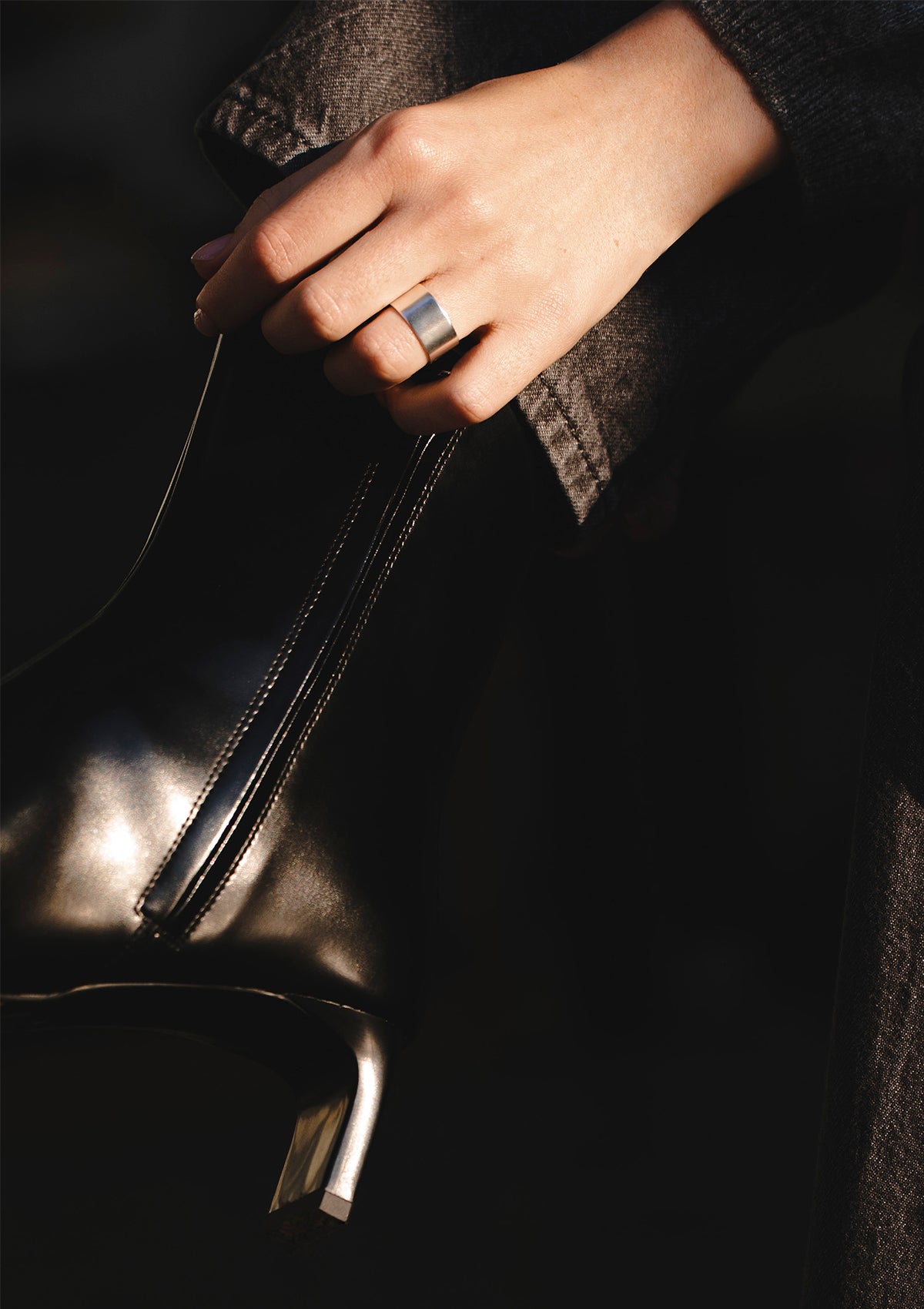 Semi-matte sterling silver ring with thick profile, light and shadow emphasize wide clean lines