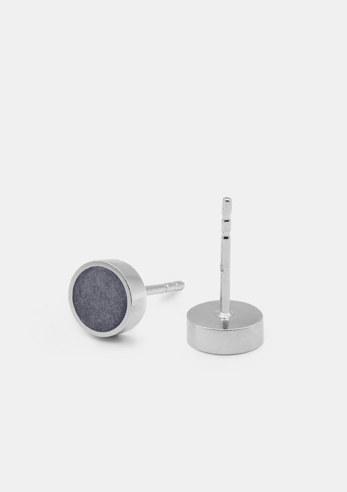Round stud earrings in sterling silver with dark gray concrete resin mix, matte finish, handmade minimalist jewelry
