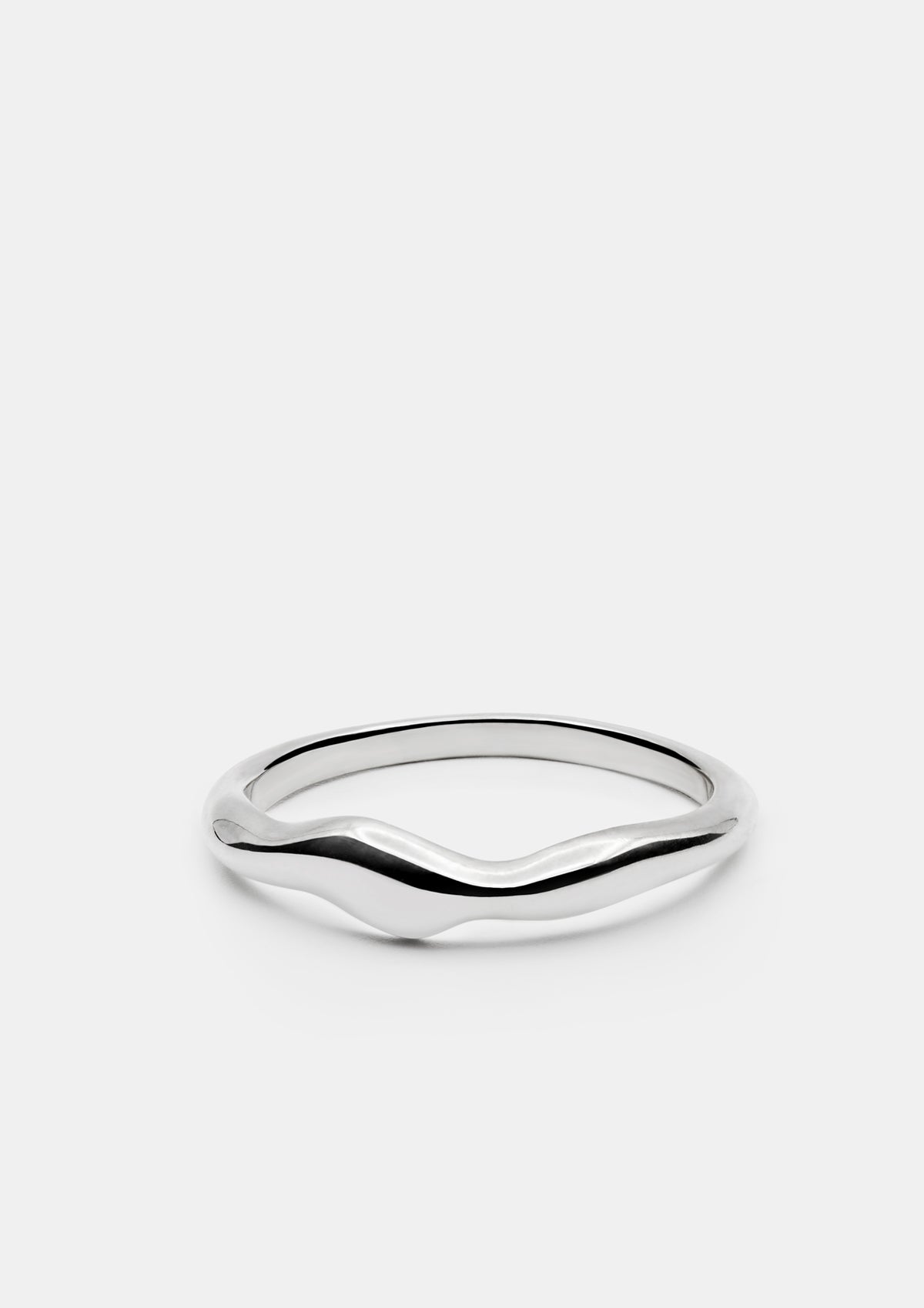 Minimalist sterling silver ring with soft wave design on white background