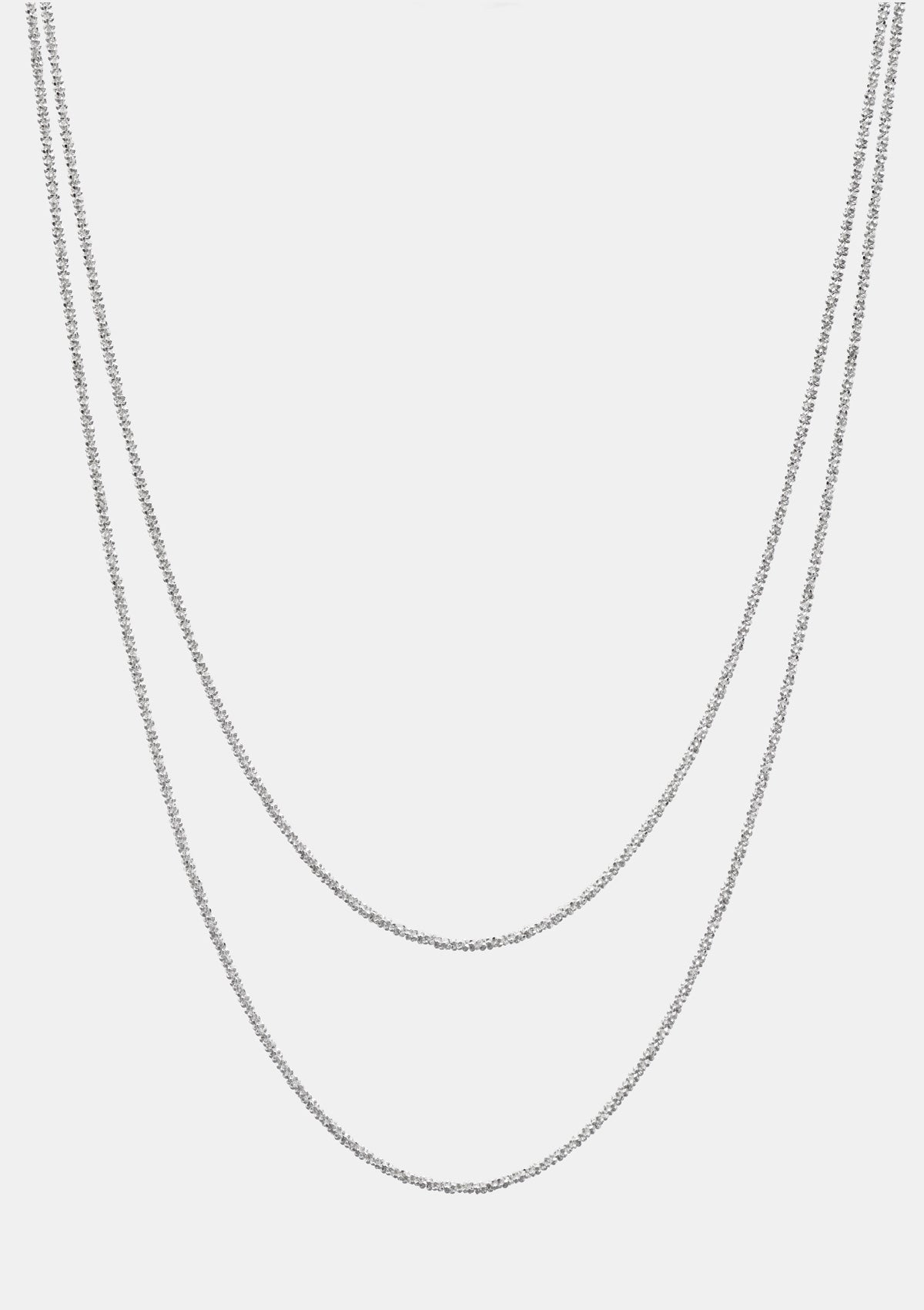 Sterling silver choker necklace with two linked chains, minimalist design, shown on bright white background