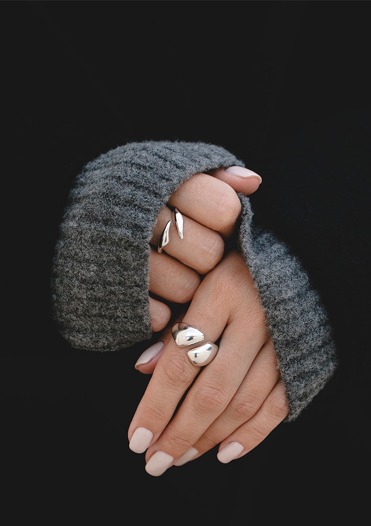Nature-inspired silver ring worn with Bold Gaya ring  – modern look
