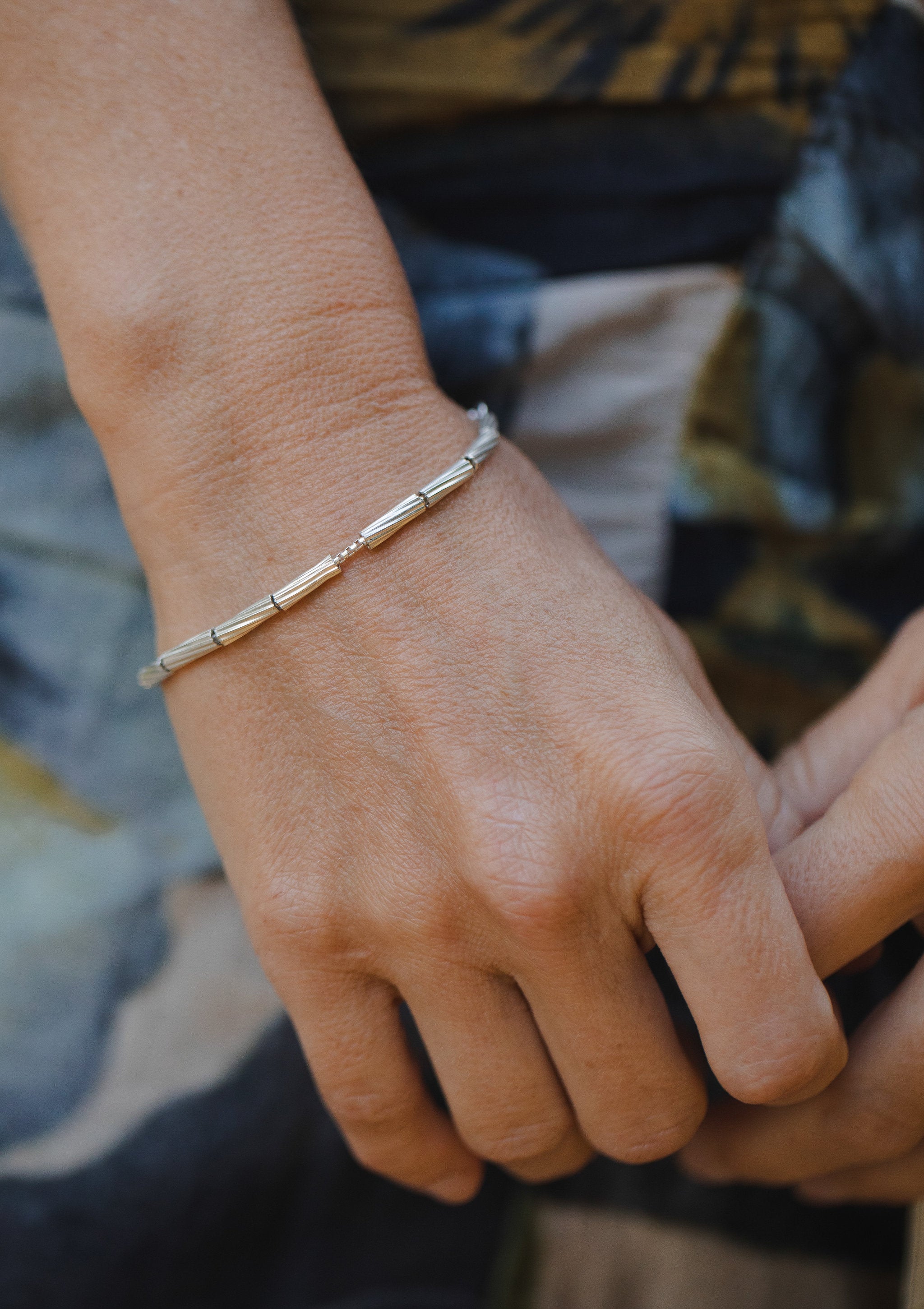 Stripped Silver Bracelet by Sofia Kov – on model
