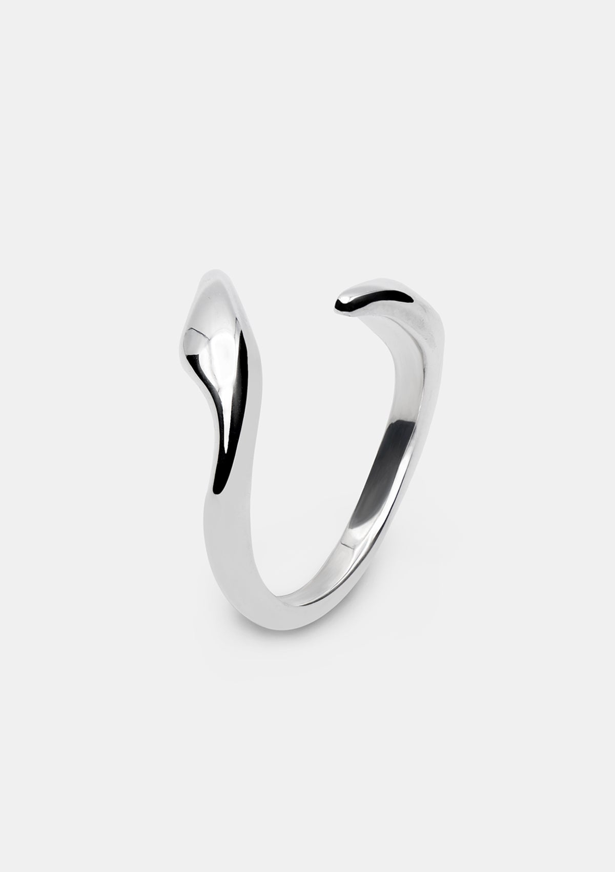 Sterling silver open-front ring with sculptural, curved silhouette on white background