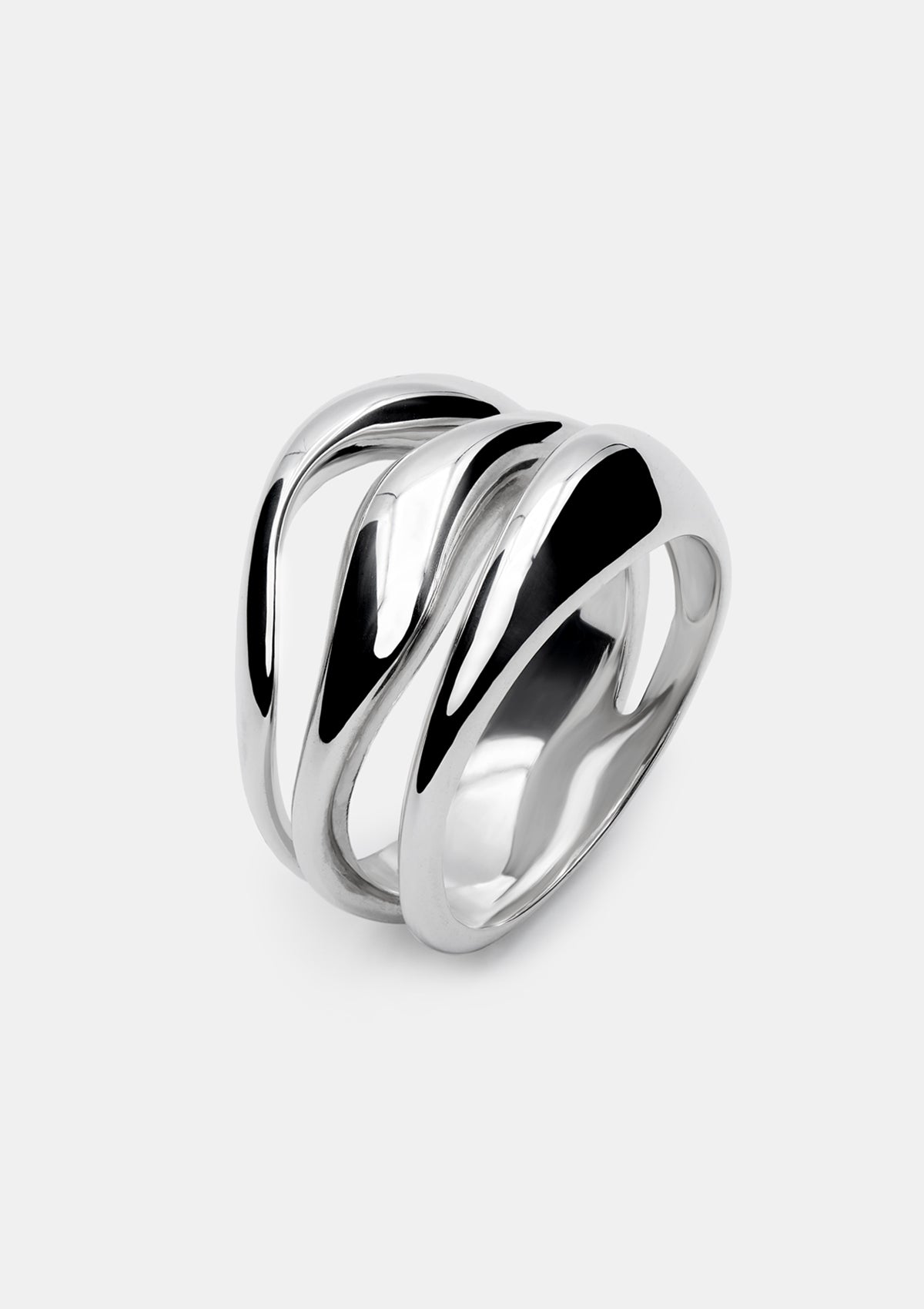 Chunky bold sculptural silver ring with reflective surface on white background