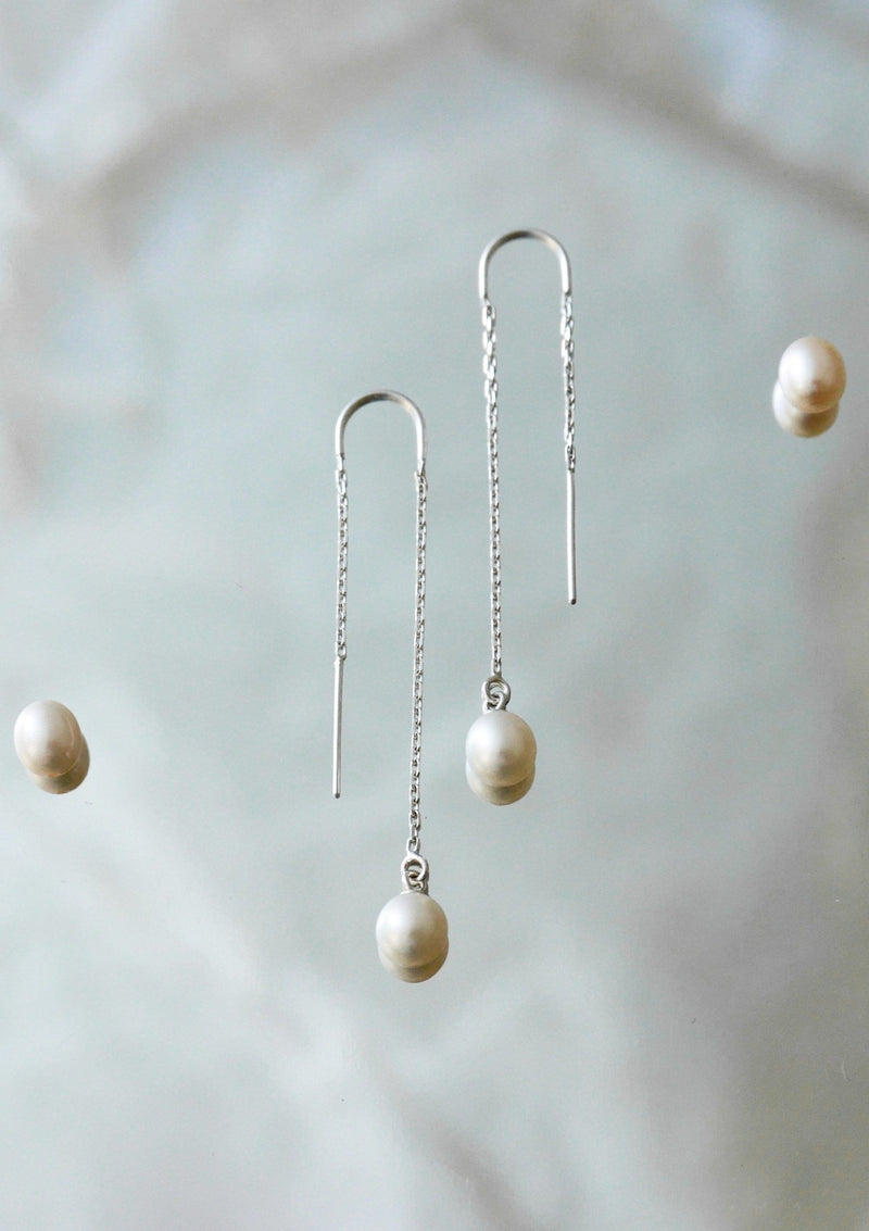 White pearl threader earrings