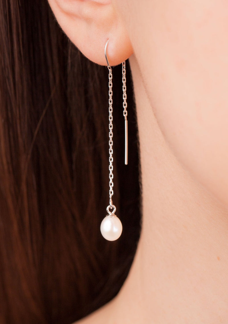 White pearl threader earrings